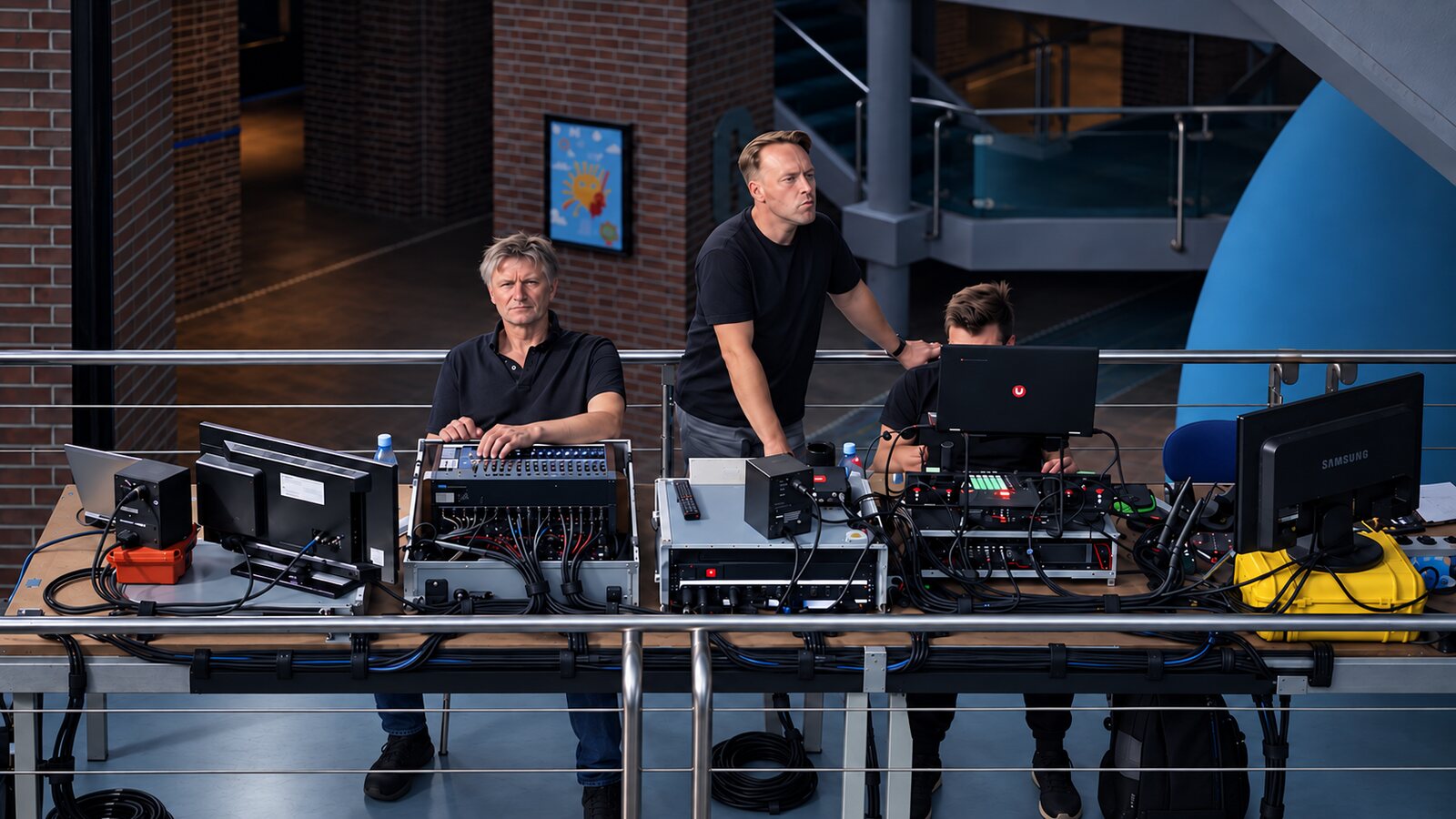 Regiearbeitsplatz im Foyer mit drei Technikern, Monitoren, Mischtechnik und sauber geführten Kabeln