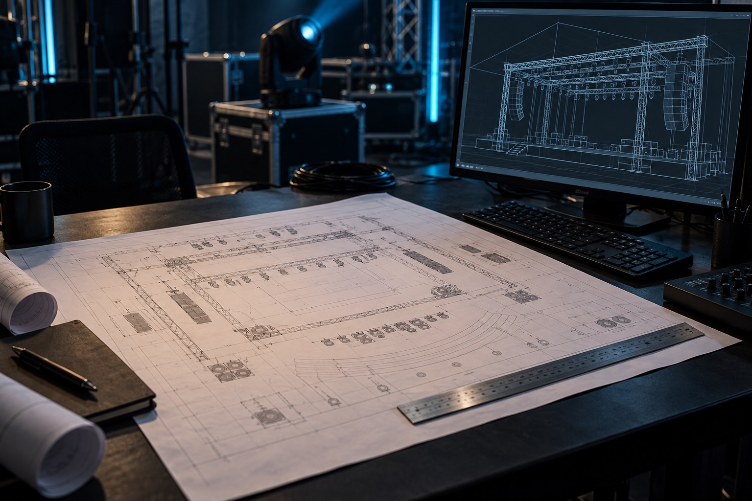 KI-Illustration: Bühnenplan und CAD-Modell an einem technischen Arbeitsplatz